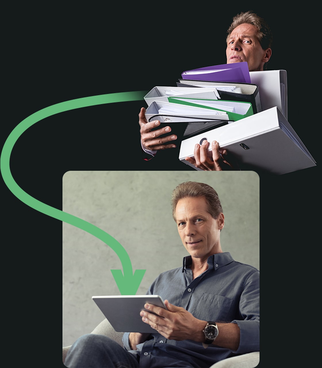 DigiOX – Vorher-Nachher-Vergleich: gestresster Mann mit Papierakten vs. entspannter Mann mit digitalem Dokumentenmanagement am Tablet.